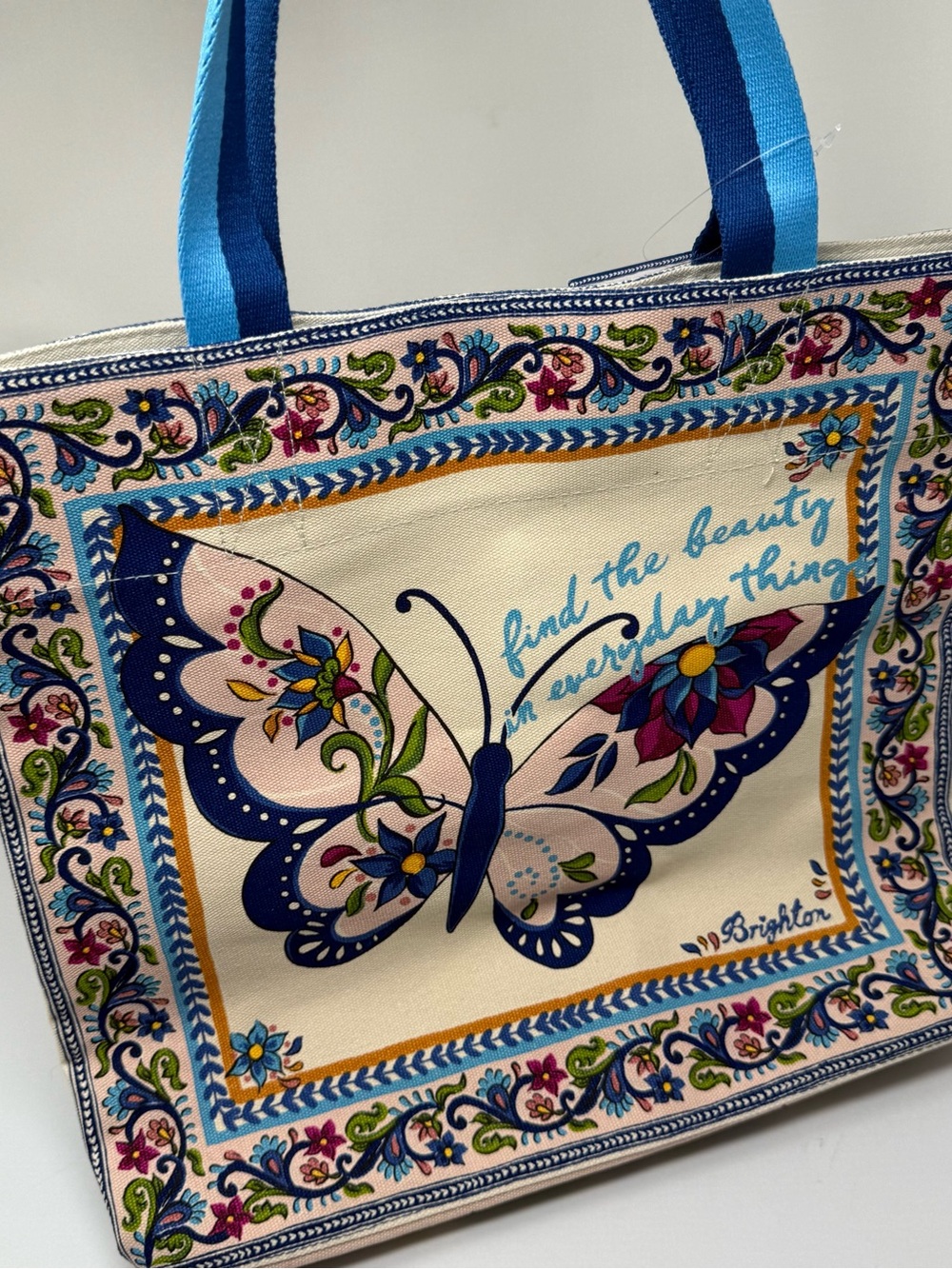 Brighton Canvas Tote with Blue Butterfly and Floral Border